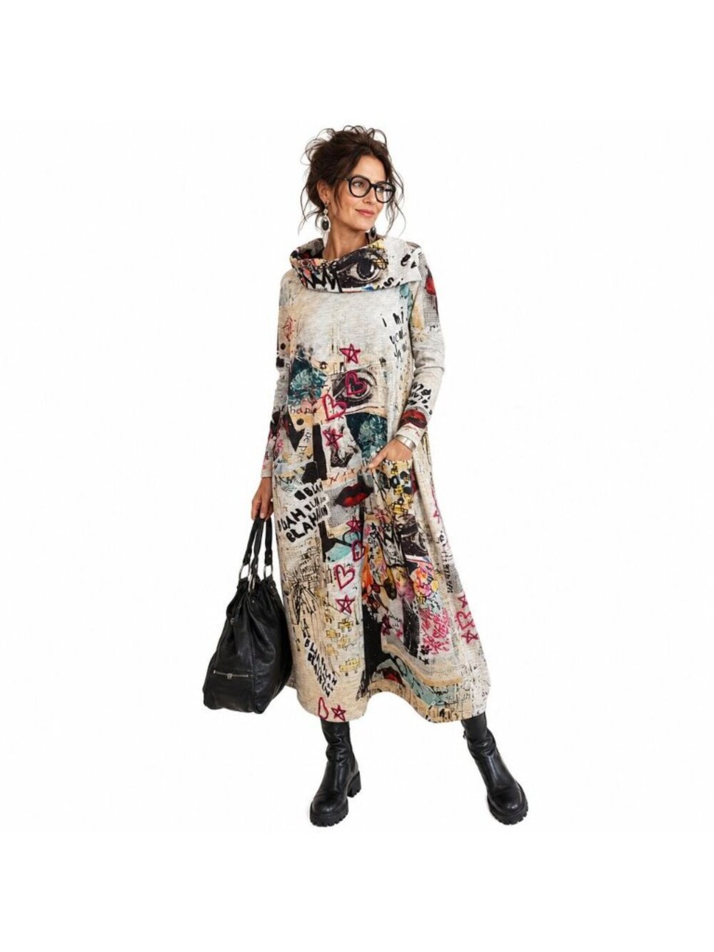 Inoah Womens Grey Graffiti Art Print Long Sleeve Jersey Tunic Dress Women M Boho